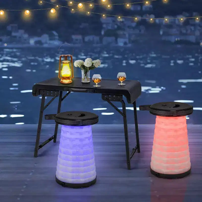 Costway 3-Piece Folding Table Stool Set with a Camping Table & 2 Retractable LED Stools