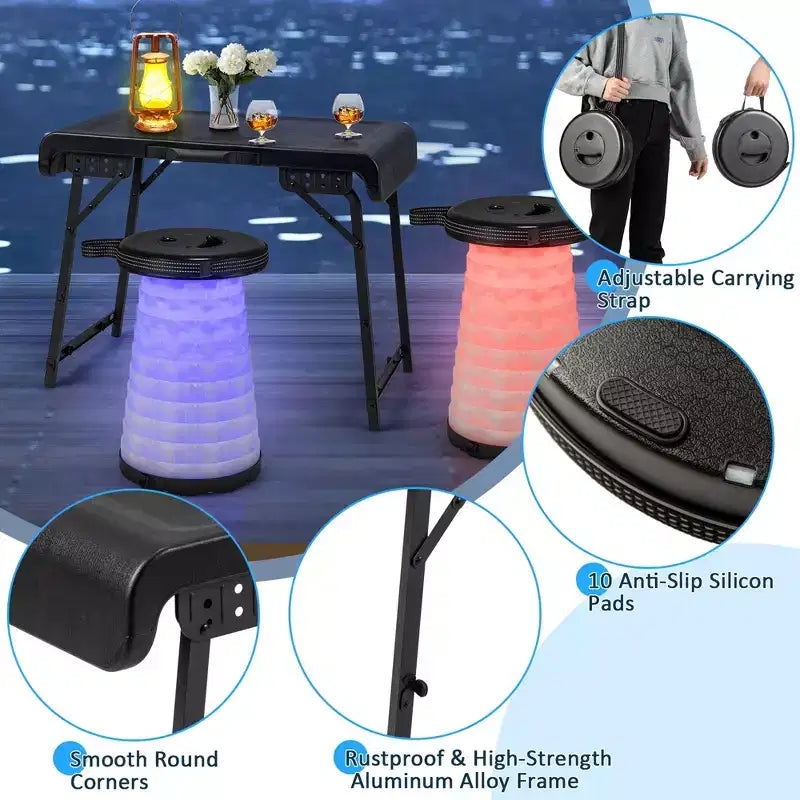 Costway 3-Piece Folding Table Stool Set with a Camping Table & 2 Retractable LED Stools