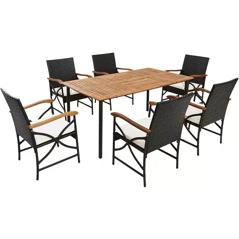 Costway 7PCS Patio Wicker Dining Set Cushion Acacia Wood Armrests Table with Umbrella Hole
