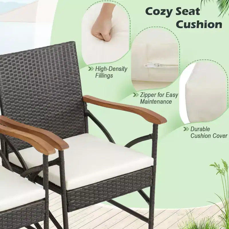 Costway 7PCS Patio Wicker Dining Set Cushion Acacia Wood Armrests Table with Umbrella Hole