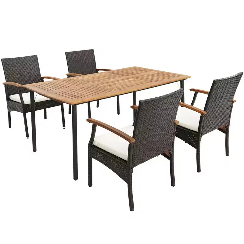 Costway 7PCS Patio Dining Set Cushion Acacia Wood Armrests Table with Umbrella Hole