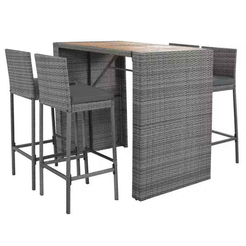 5 PCS Outdoor Patio Acacia Wood Top Wicker Bar with Bar Stools and Removable Cushions,Gray - ModernLuxe