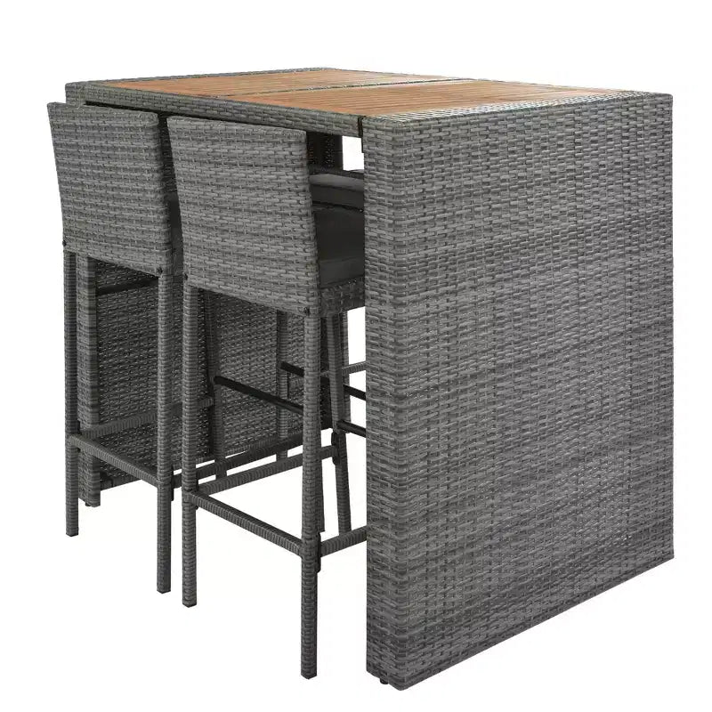 5 PCS Outdoor Patio Acacia Wood Top Wicker Bar with Bar Stools and Removable Cushions,Gray - ModernLuxe