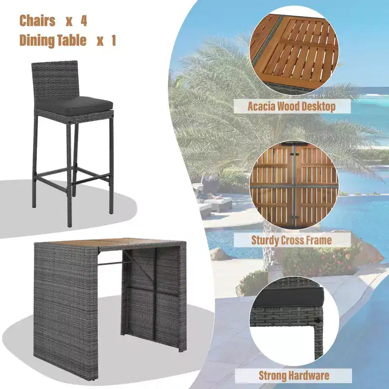 5 PCS Outdoor Patio Acacia Wood Top Wicker Bar with Bar Stools and Removable Cushions,Gray - ModernLuxe