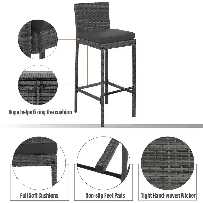 5 PCS Outdoor Patio Acacia Wood Top Wicker Bar with Bar Stools and Removable Cushions,Gray - ModernLuxe