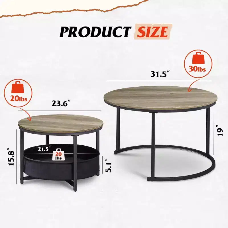 GALAXHERO Set of 2 Nesting Round Coffee Tables - 31.5 Center Tables with Storage & Metal Frame for Living Room/Apartment