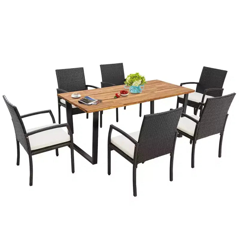 Costway 7 PCS Patio Rattan Dining Set Acacia Wood Table 6 Wicker Chairs with Umbrella Hole