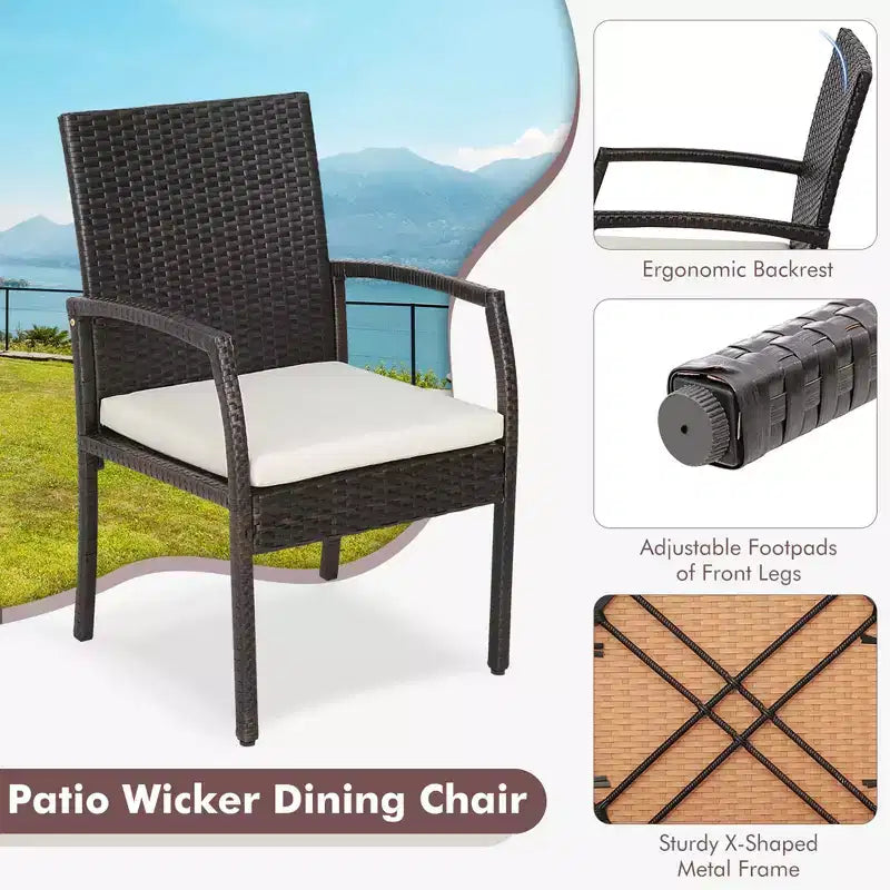 Costway 7 PCS Patio Rattan Dining Set Acacia Wood Table 6 Wicker Chairs with Umbrella Hole