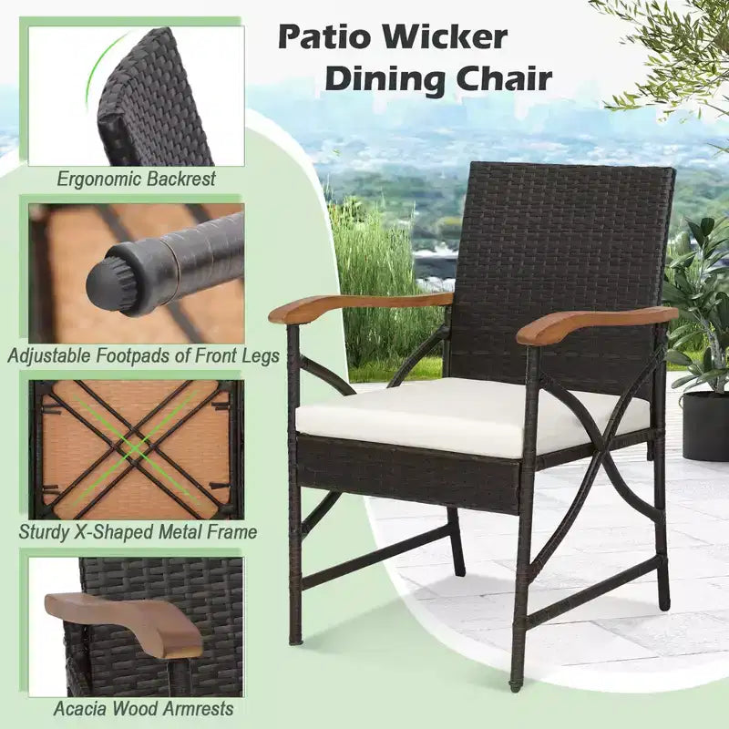 Costway 5 PCS Patio Rattan Dining Set Acacia Wood Table 4 Wicker Chairs with Umbrella Hole