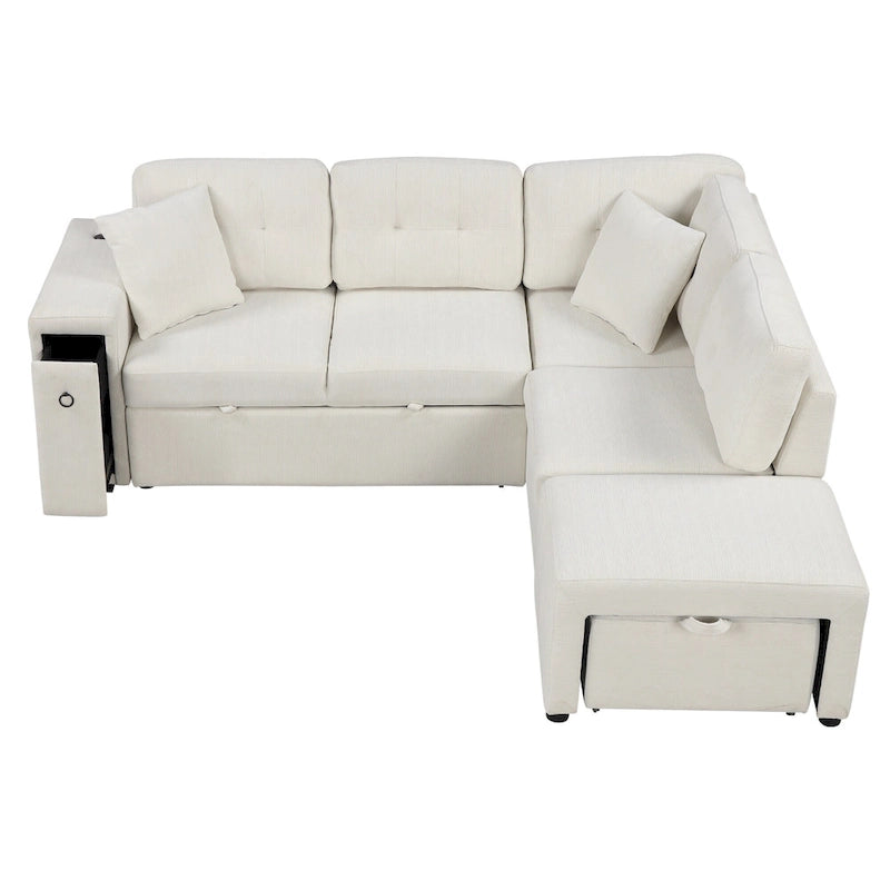 Canapé d'angle 4 places avec lit gigogne, pouf, ports USB et tablette rabattable