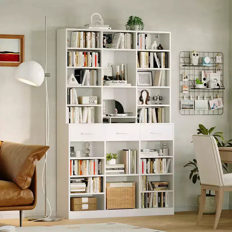 Black/White 9-Tier Bookcase with 3 Drawers, Adjustable Shelves