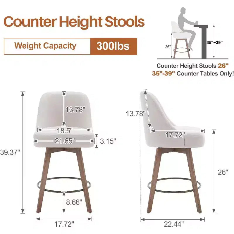 Lot de 4 tabourets de bar pivotants à hauteur de comptoir Bekrvio 26 po avec dossiers et pieds en bois, tabourets de bar rembourrés en tissu lin/similicuir pour îlot de cuisine