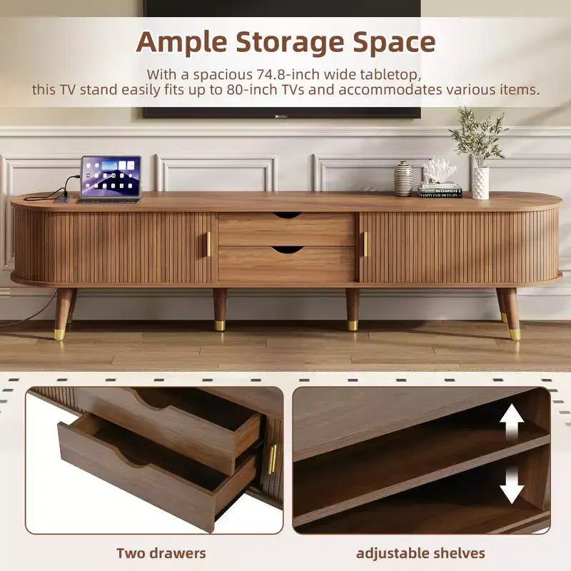 CLIHOME Wooden Farmhouse TV Stand & Coffee Table Set with Charging Station, Oval Fluted Media Console for TVs up to 80