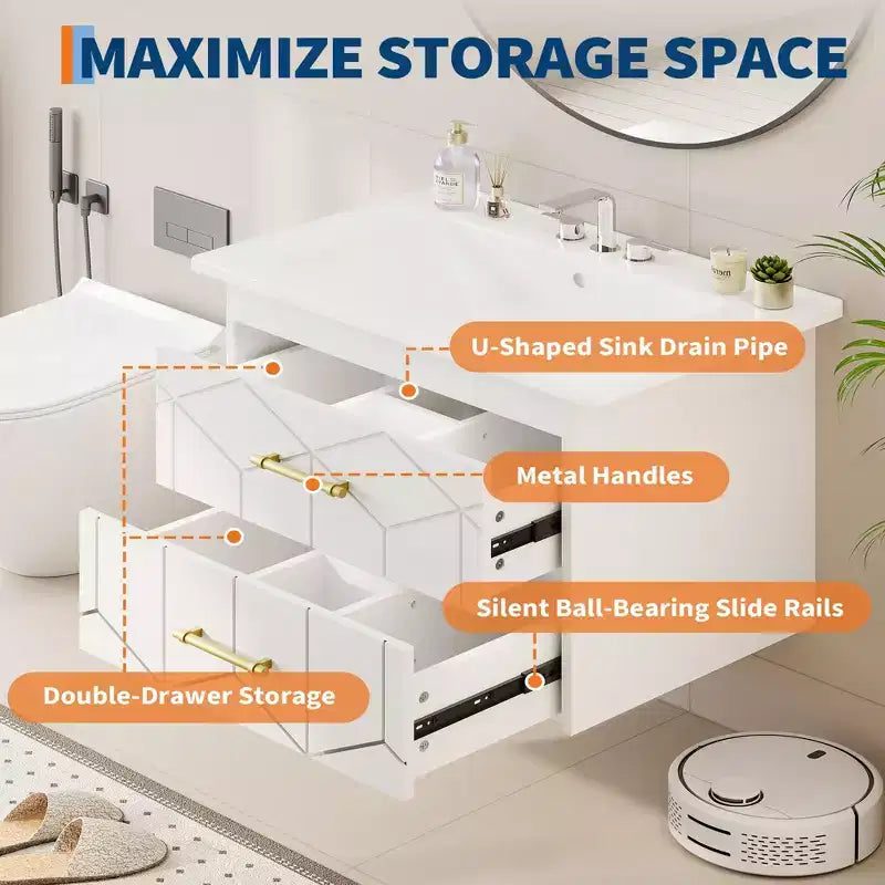 Modern Floating Bathroom Vanity Set with Basin - Wall-Mounted Cabinet with Soft-Close Storage Drawer and Gold Handle, 24 or 30 Size