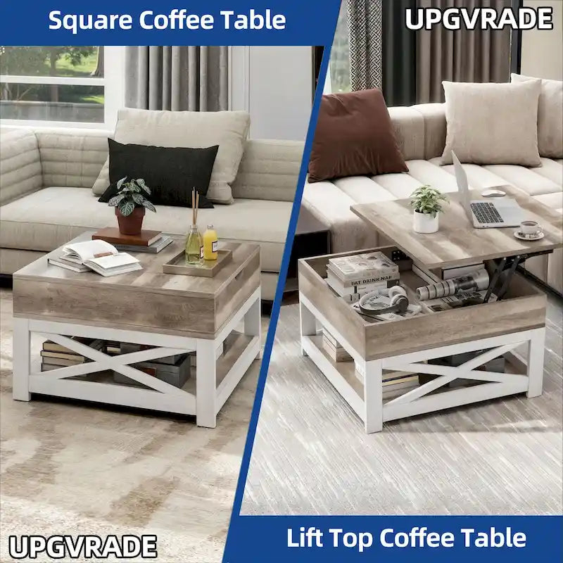 Moasis Farmhouse Square Lift Top Coffee Table with Storage Shelf for Living Room