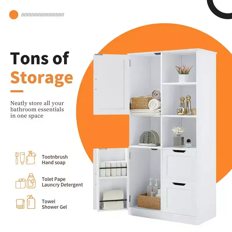 62 Tall Bathroom Storage Cabinet, Freestanding Floor Storage Cabinet With Drawer & Adjustable Shelf, Pantry Storage Cabinet For Bathroom Living Room