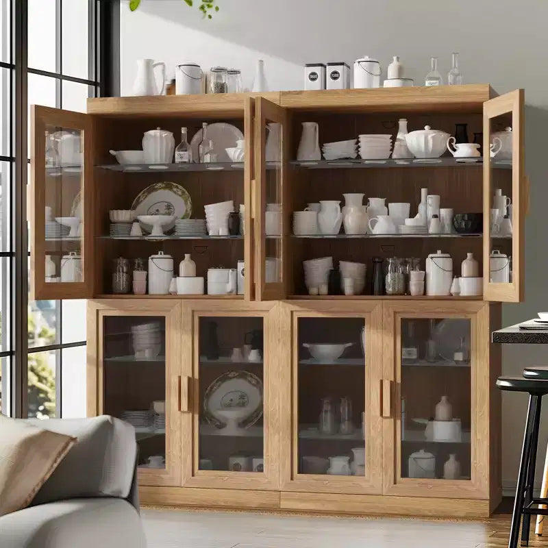 62 High Black Glass Door Wood Grain Decorative Storage Cabinet Display Cabinet, with Sufficient Space for 12 Shelves