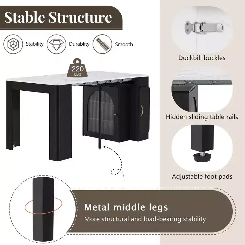 Whisen Extendable Dining Table, Mobile Rolling Island Table with 3 Removable Middle Leaves, Storage Cabinet
