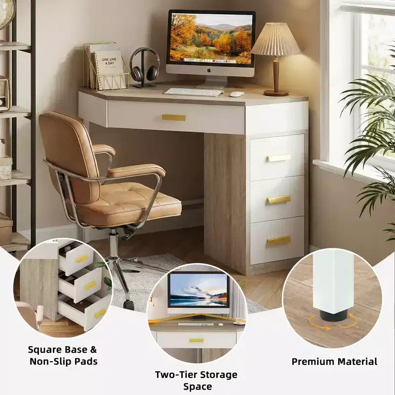 MAYEERTY 90 Triangle Corner Desk with 4 Drawers, Vanity Makeup Computer Desk