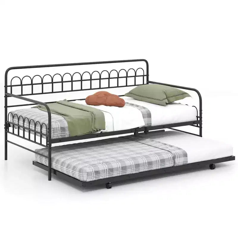 Costway Twin Daybed with Trundle Curved Backrest & Armrests Heavy-duty Metal Slats Black/Gold