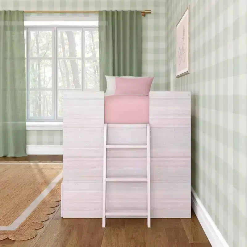 Max & Lily Modern Farmhouse Low Loft Bed with Storage Drawer, Solid Wood Bed for Kids