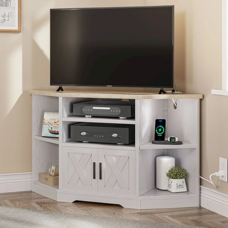 Farmhouse Corner TV Stand Entertainment Center Media Console for TVs up to 55 with Power Outlet
