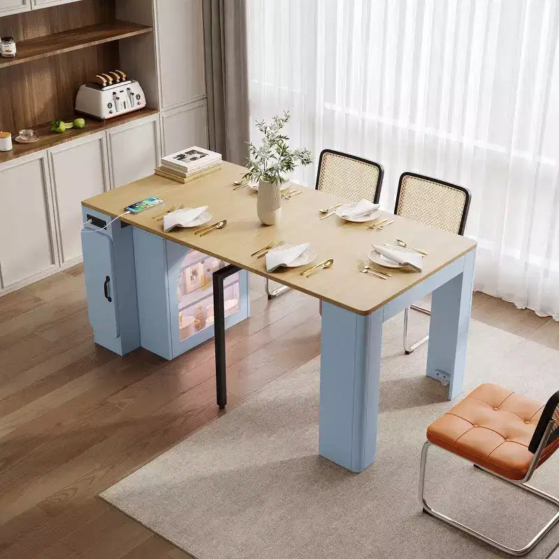 Whisen Extendable Dining Table, Mobile Rolling Island Table with 3 Removable Middle Leaves, Storage Cabinet