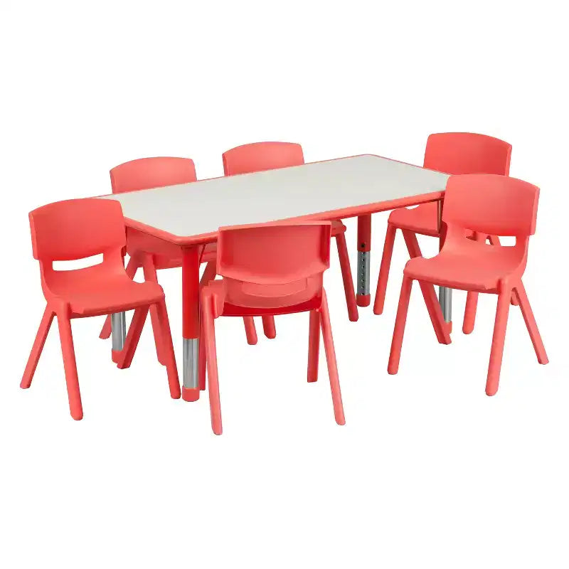 Emma and Oliver 23.625W x 47.25L Rectangular Plastic Height Adjustable Activity Table Set with 6 Chairs