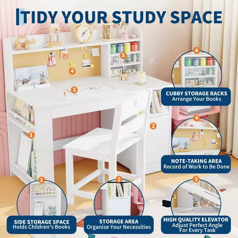 Kids Study Desk & Chair Set with Storage, Kids Study Desk with Hutch and Tiltable, for 3-8 Years Old, Student Writing Table for Bedroom
