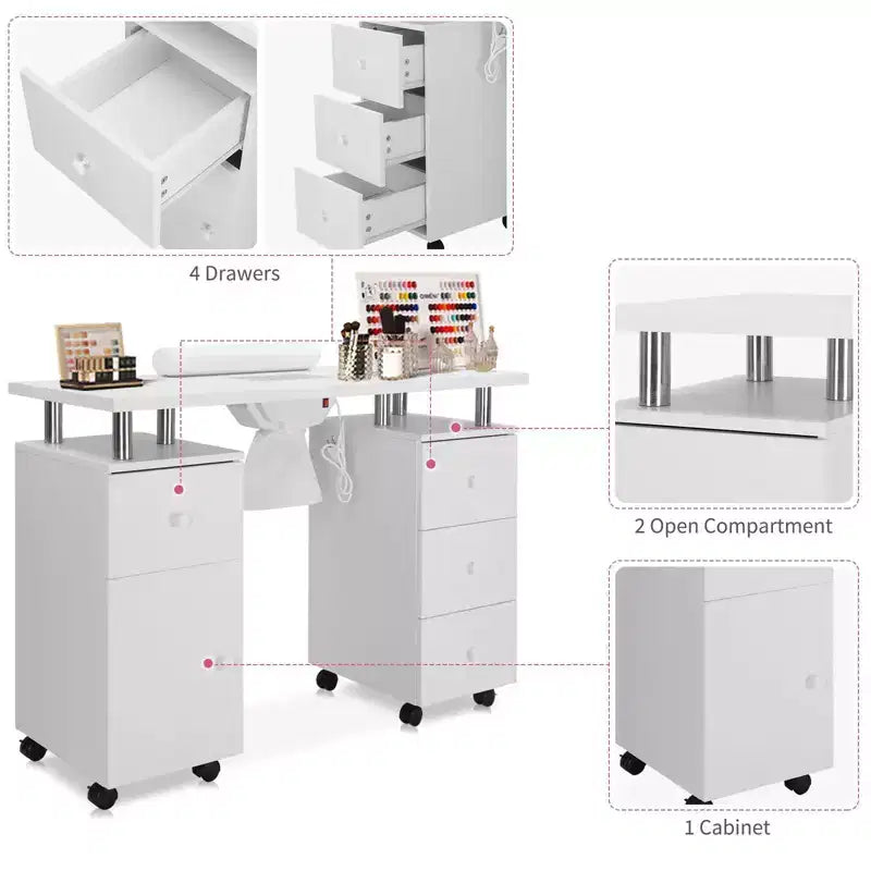 42.5 in. White MDF 3-Drawer Manicure Table Nail Desk with Storage, Doors, Electric Dust Collector