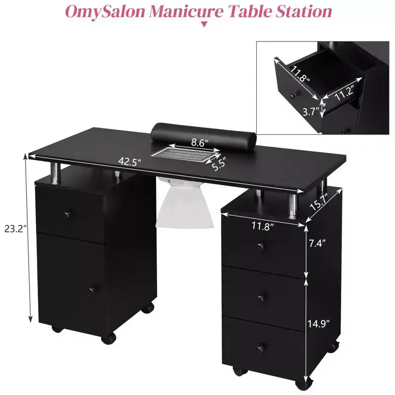 42.5 in. White MDF 3-Drawer Manicure Table Nail Desk with Storage, Doors, Electric Dust Collector