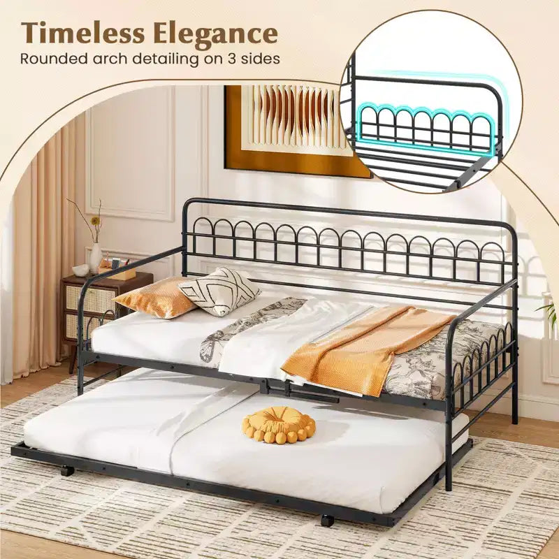 Costway Twin Daybed with Trundle Curved Backrest & Armrests Heavy-duty Metal Slats Black/Gold