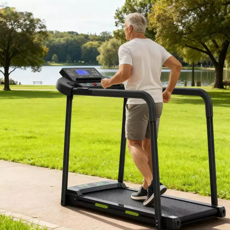 Foldable Walking Pad Treadmill for Seniors, Safe Stable Design with Long Handrail, Large LED Display, 300Lbs Weight Capacity
