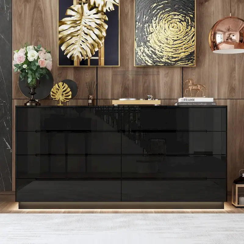 63 High Gloss Dresser With Light Chest w/8 Drawers&Spacious Tabletop