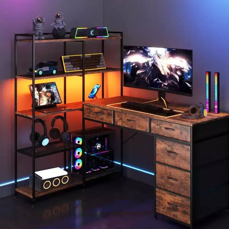 47 L-Shaped Computer Desk with 6 Drawers & 5-Tier Shelves, Reversible Corner Gaming Desk with LED Lights & Power Outlets