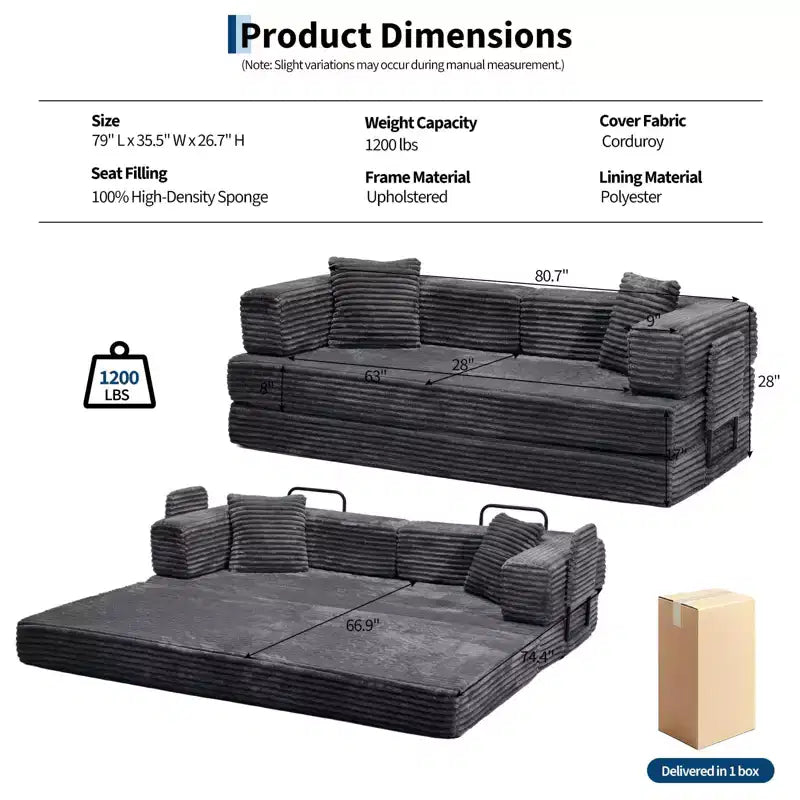 80.7 5-in-1 Convertible Sleeper Sofa Bed aï¿?Corduroy, 1200 lbs, No Assembly
