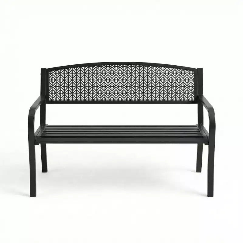 2 Person Metal Outdoor Bench for Garden, Steel Benches Furniture with Geometric Backrest for Patio, Garden & Porch