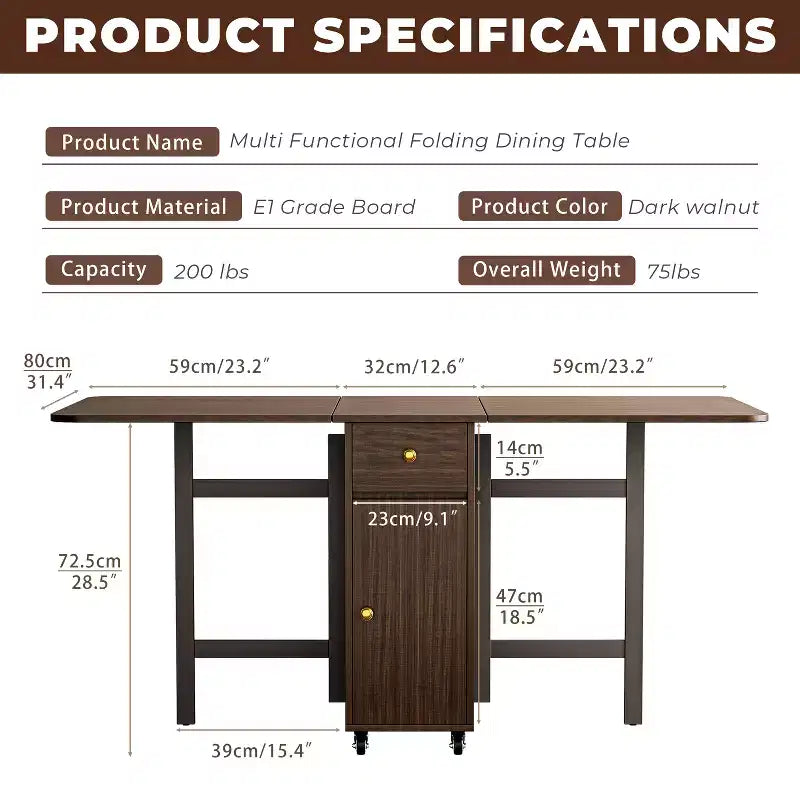 ATJafurn 59 Foldable Dining Table with Drop Leaves for Small Space, Rectangular Wooden Extendable kitchen Table with Wheels and Storage