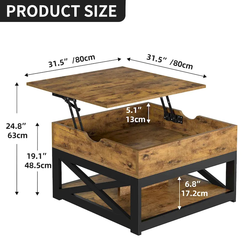 Moasis Farmhouse Square Lift Top Coffee Table with Storage Shelf for Living Room