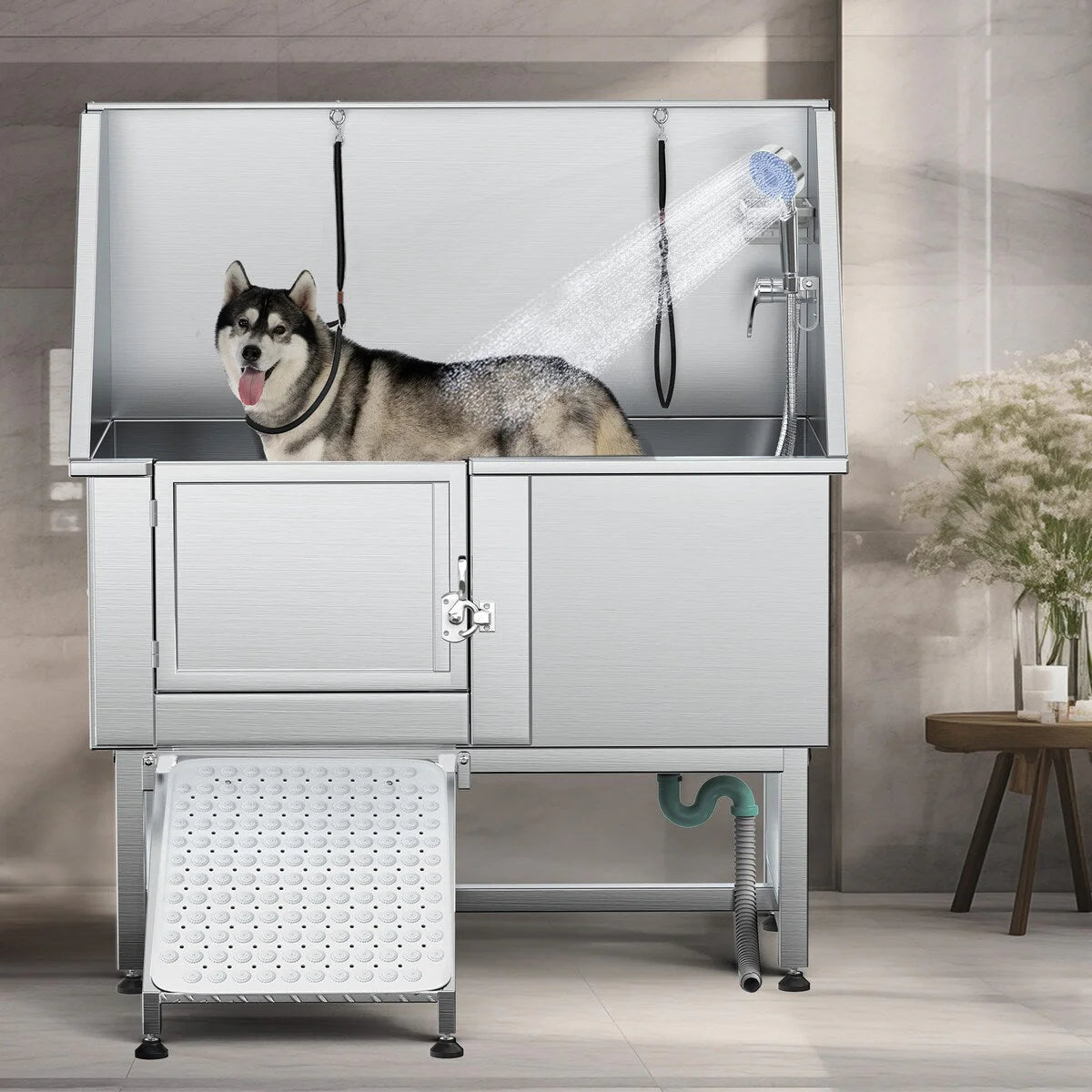 Baignoire de toilettage pour animaux de compagnie réglable, 50 W, en acier inoxydable, avec rampe à marches
