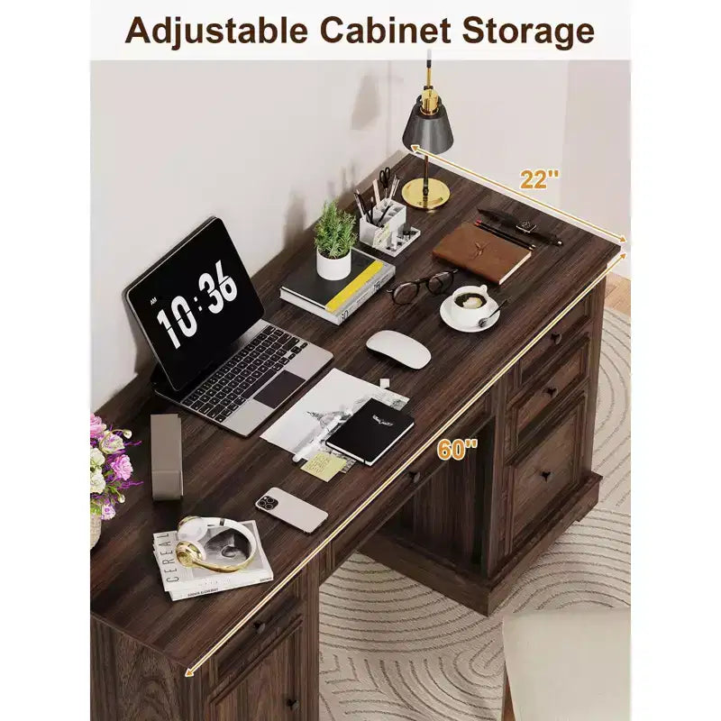 Dyonery 60 Farmhouse Executive Office Desk with Drawers and File Cabinet, Embossed Texture Wood Home Office Desk,Black/Brown/White and brown