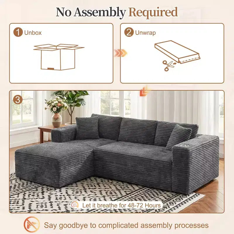 Celebalcony 103 Boneless Modular Sectional Sofa, L-Shaped Chaise with 2 Cup Holders, Plush Corduroy Cloud Couches for Living Room, No Assembly