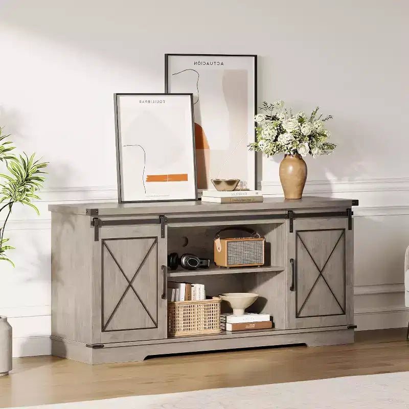 Farmhouse TV Stand for TVs Up to 65, Entertainment Center with Sliding Barn Doors & Storage Cabinets, Media Console Table for Living Room, Bedroom