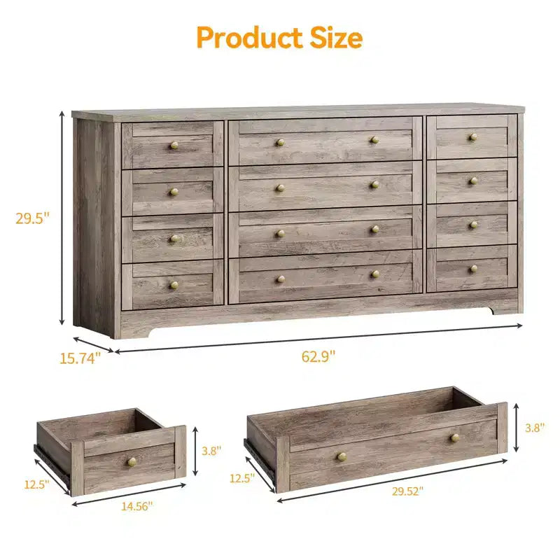 12 Drawers Dresser for Bedroom Wooden, Modern Wide TV Stand Dressers for 65 Inch TV, Wood Chest of Drawers, Farmhouse Clothes Storage for Living Room