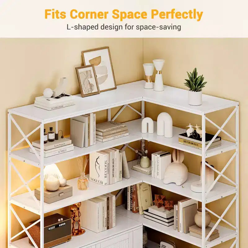 Corner Bookshelf - 6 Tier Corner Book Shelf with Storage, Farmhouse L Shaped Book-Shelf with Cabinet, Modern Industrial Bookcase for Home Office