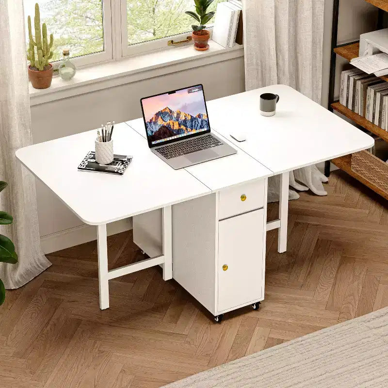 ATJafurn 59 Foldable Dining Table with Drop Leaves for Small Space, Rectangular Wooden Extendable kitchen Table with Wheels and Storage