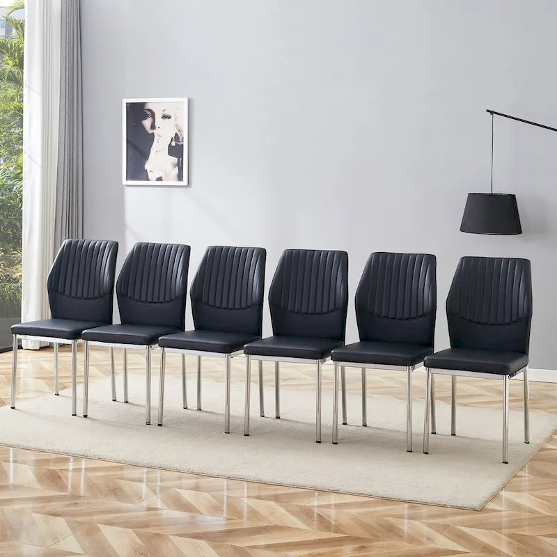 Ensemble de 6 chaises de salle à manger de luxe simples en PU haute résilience avec pieds en métal argenté, chaises d'appoint sans accoudoirs pour cuisine
