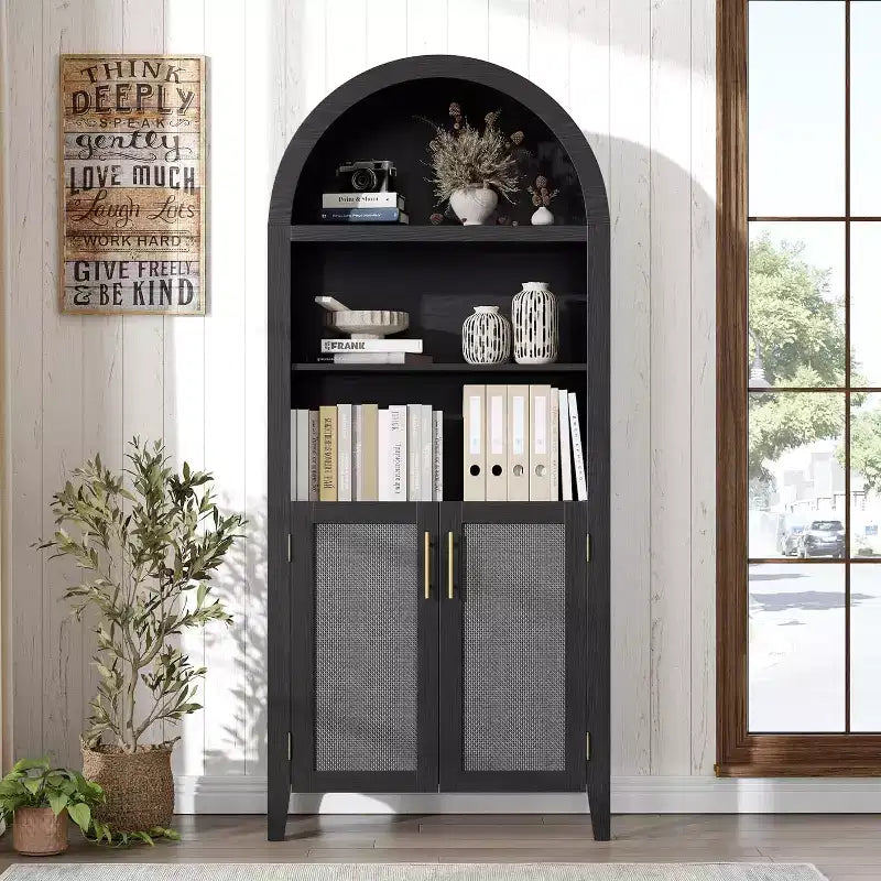 Acekool Arched Pantry Cabinet with Rattan Doors, 5-Tier Farmhouse Storage Cabinet for Kitchen Dining Living Room