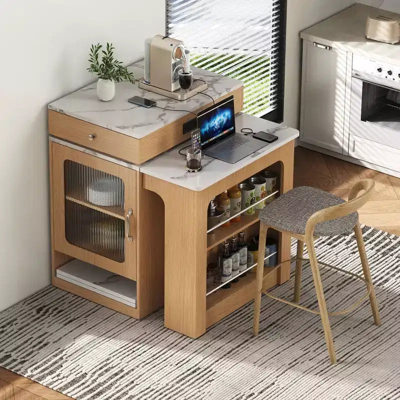 59.5 Kitchen Island with Extendable Dining Table, Double-Sided Storage & Power Outlet, Natural