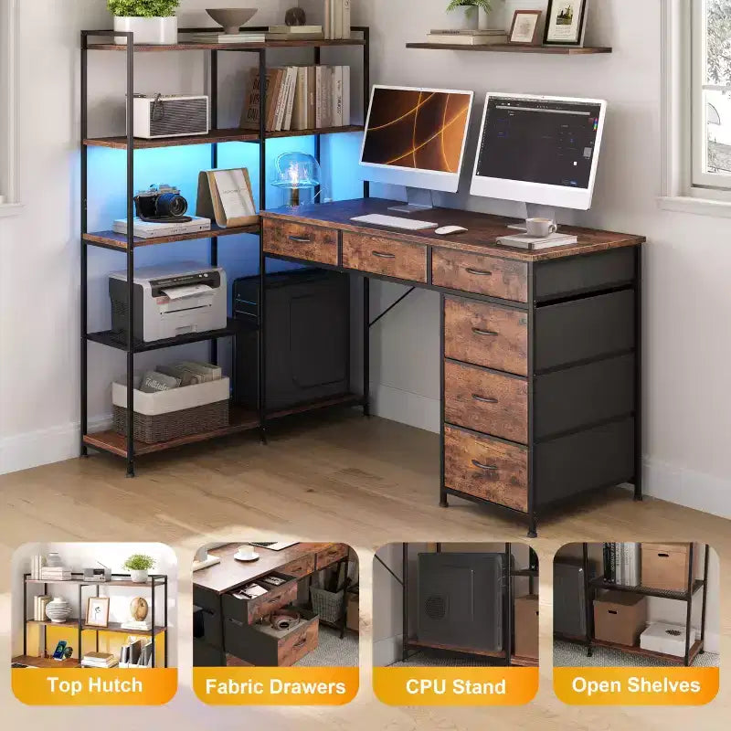 47 L-Shaped Computer Desk with 6 Drawers & 5-Tier Shelves, Reversible Corner Gaming Desk with LED Lights & Power Outlets